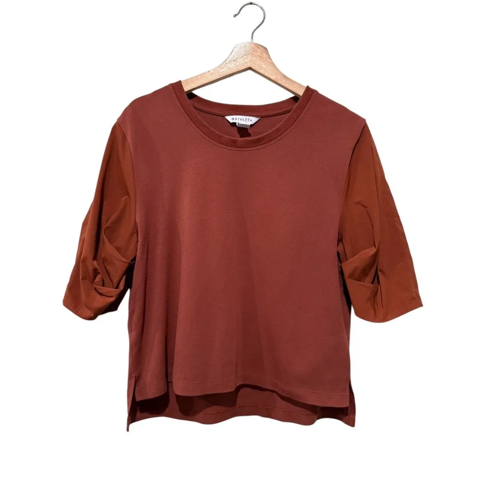 Athleta Harlow Hybrid Shirt Women Sz S Oversized Rust Red Puff Sleeve Crewneck